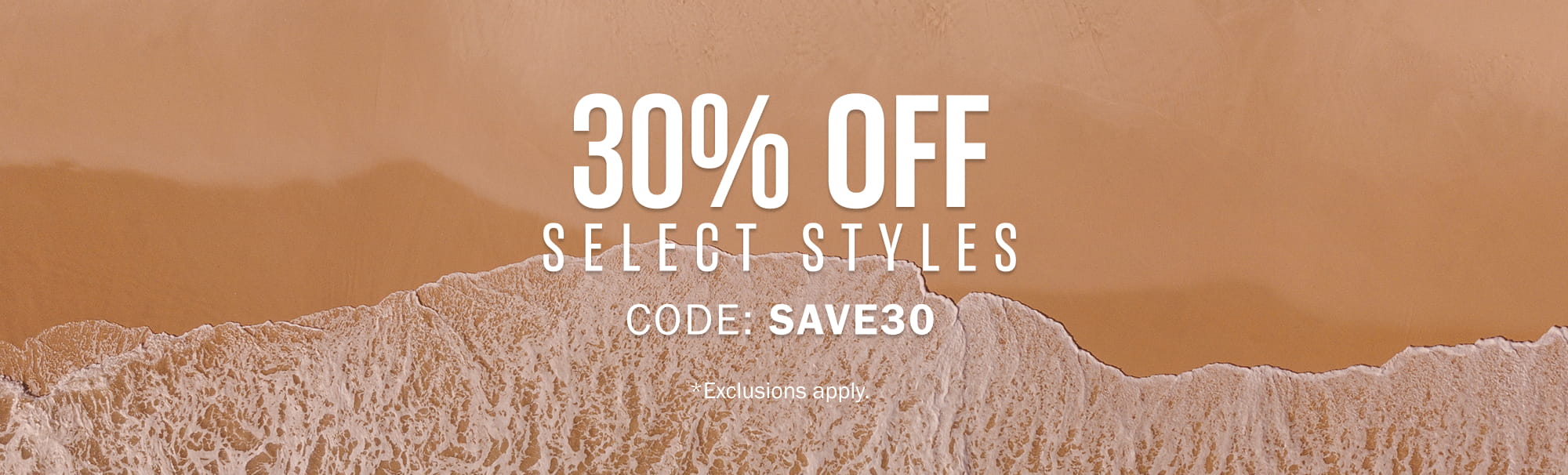 Long Weekend Event Goodlife Clothing Long Weekend Event banner with 30% off select styles and promo code SAVE30, over a background of ocean waves on a sandy beach