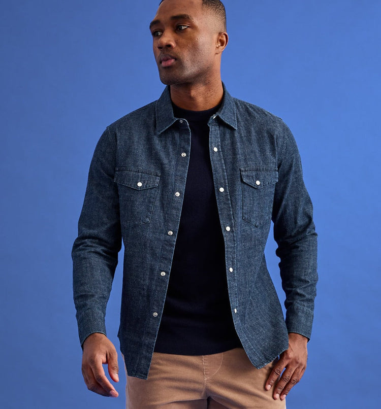 4corner denim snap shirt indigo