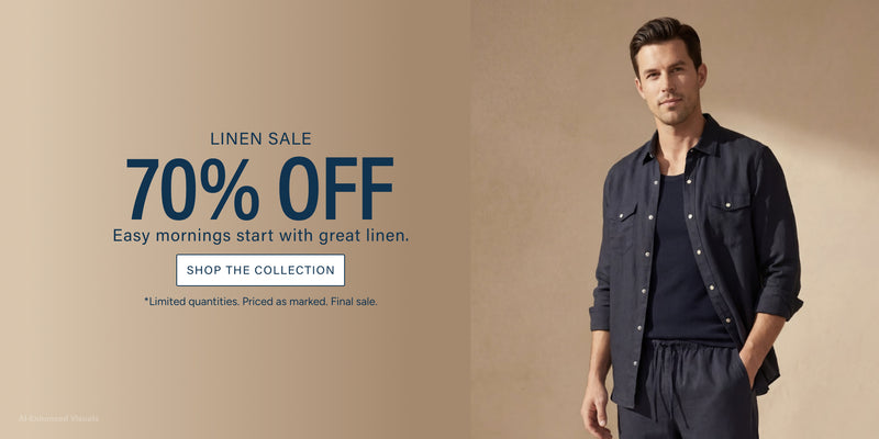 A promotional banner for a linen sale showing a man on the right wearing a dark navy button-up shirt over a matching dark undershirt and pants, set against a warm beige background with text on the left reading 'LINEN SALE 70% OFF'.
