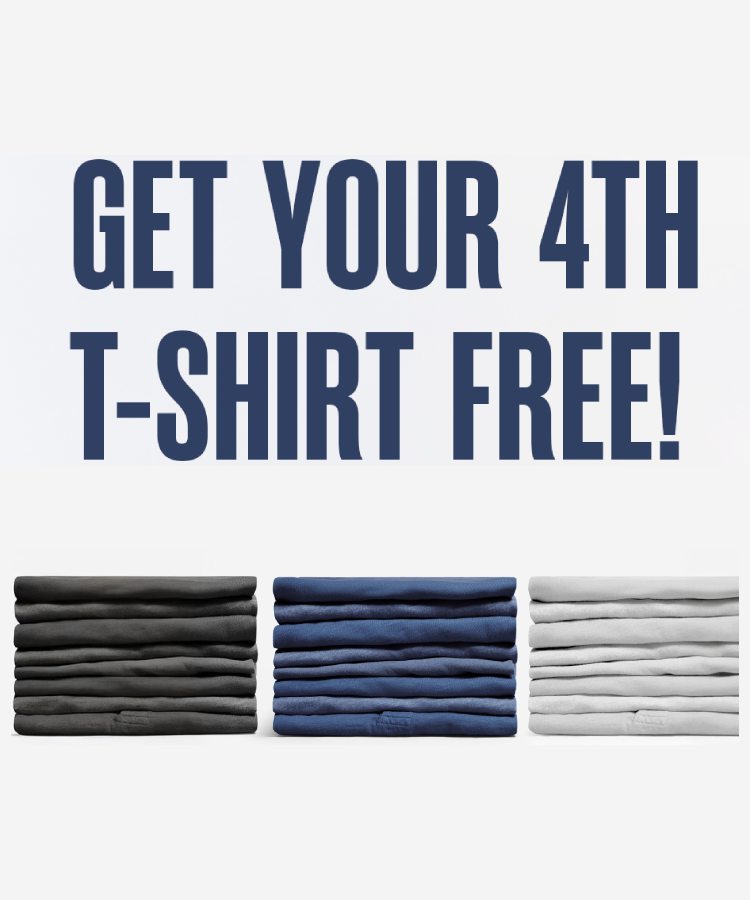 Stacks of folded t-shirts with promotional text 'Get your 4th t-shirt free!' on a white background