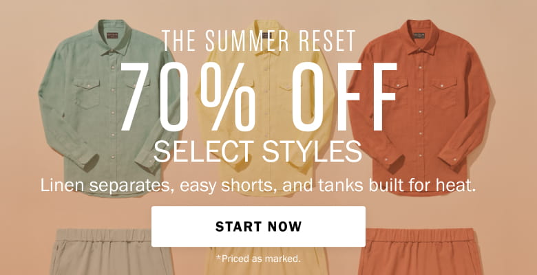 70% off select styles summer clothing sale banner featuring linen shirts and matching shorts on a beige background.