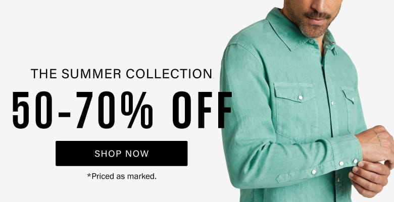 Promotional banner for 'The Summer Collection' showing a man wearing a agate green long-sleeve button-down linen snap shirt, with text reading '50-70% OFF' and a 'SHOP NOW' button on a light gray background.