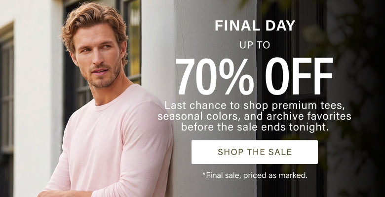 Promotional banner with a man in a light pink shirt standing outdoors next to a white building on the left, and large sale text reading 'FINAL DAY UP TO 70% OFF' on a dark olive background on the right.
