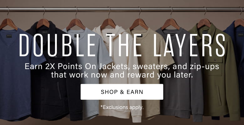 Promotional banner showing multiple jackets and sweaters hanging on wooden hangers against a dark background, with large text reading 'DOUBLE THE LAYERS' and a 'SHOP & EARN' button.