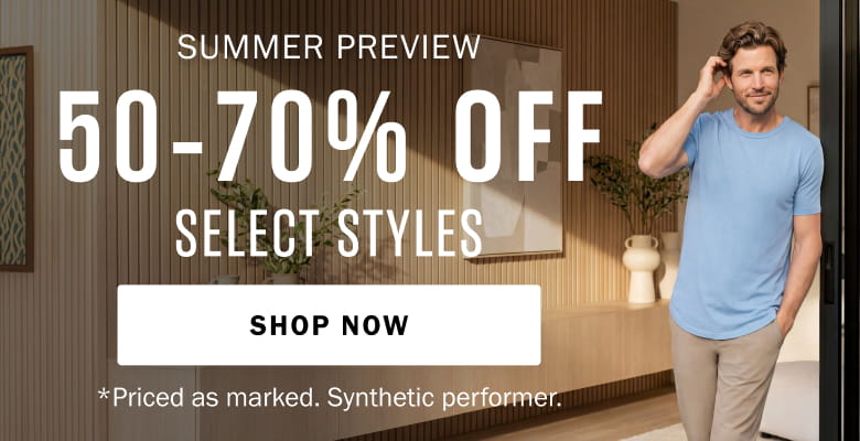 Summer Preview sale banner featuring a man in a blue Slub Scallop Crew t-shirt and Essential Linen Pant, with text reading 50 to 70 percent off select styles, shop now.