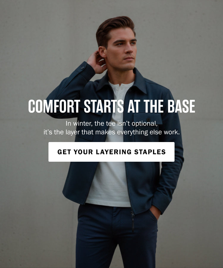 Man wearing a dark jacket over a white shirt with text about layering clothing.