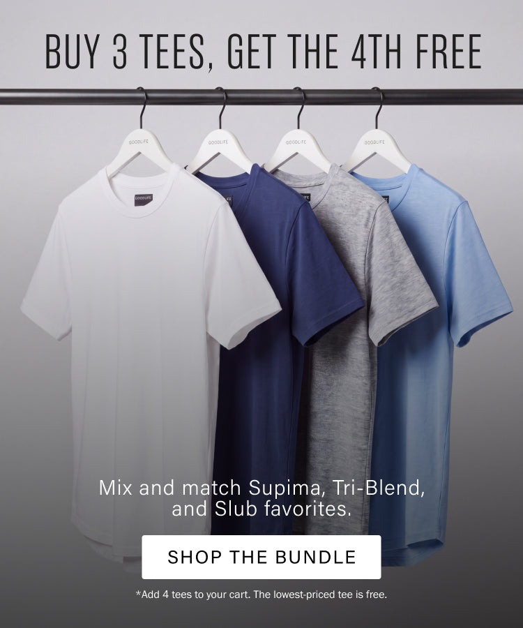 Four men's t-shirts in white, navy, gray, and light blue on hangers with text reading Buy 3 Tees, Get the 4th Free.
CTA reads "SHOP THE BUNDLE"