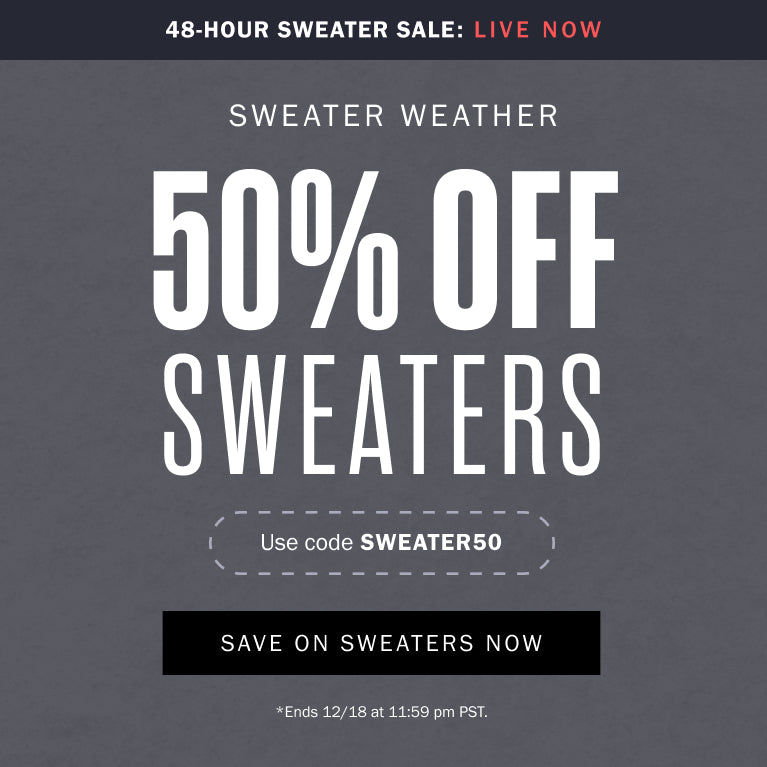 Promotional graphic for a 48-hour sweater sale with 50% off sweaters on a dark gray background.