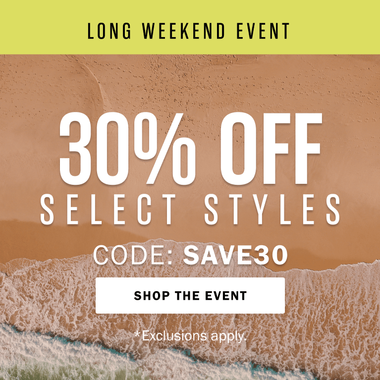 Goodlife Clothing Long Weekend Event promotional banner with 30% off select styles, code SAVE30, and a Shop Event button, over ocean waves on a sandy beach.