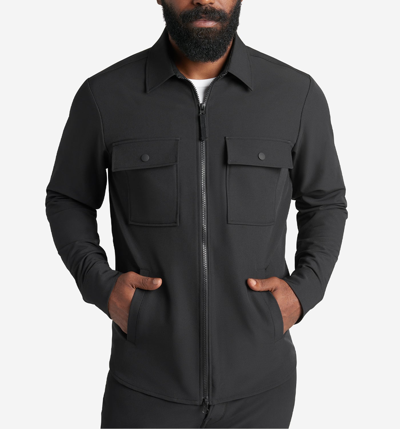 stretch poly twill shirt jacket black