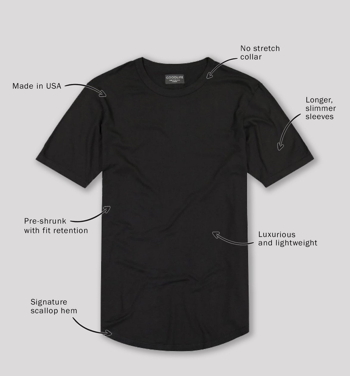 plain black t shirt for men supima black tee crew neck goodlife clothing made in usa
